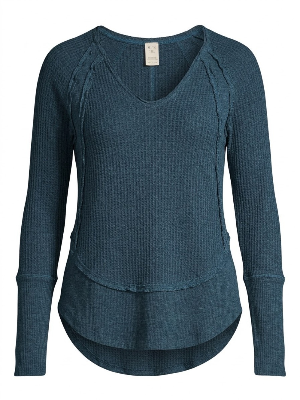 We The Free Teal Waffle V-Neck Layered Hem Sweater